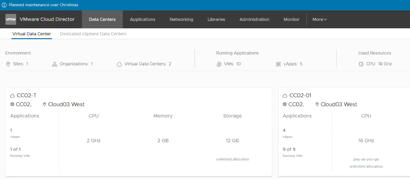 screenshot of VMware Cloud Director